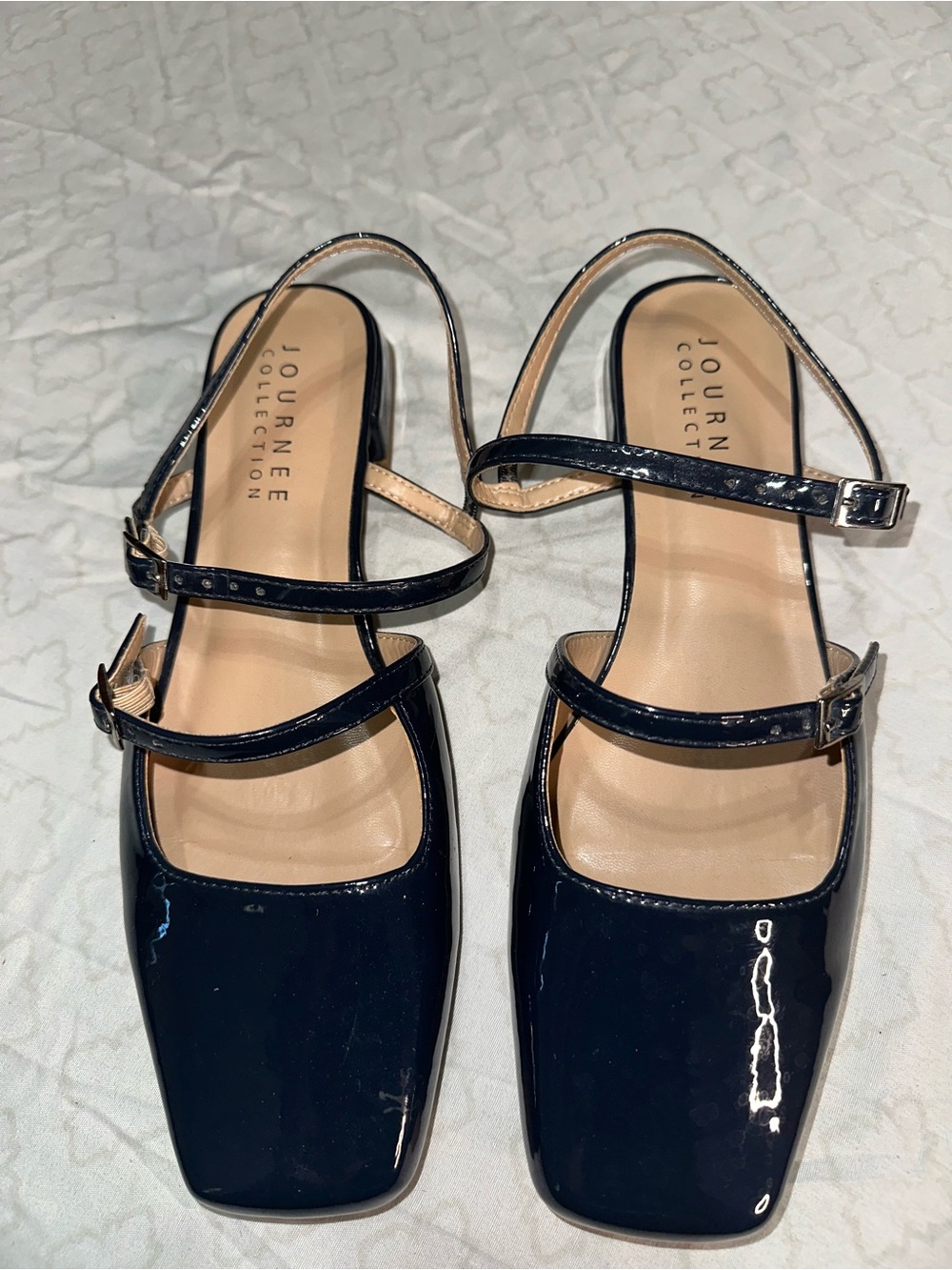 Journee Collection Navy Patent Square-Toe Double-Strap Flats